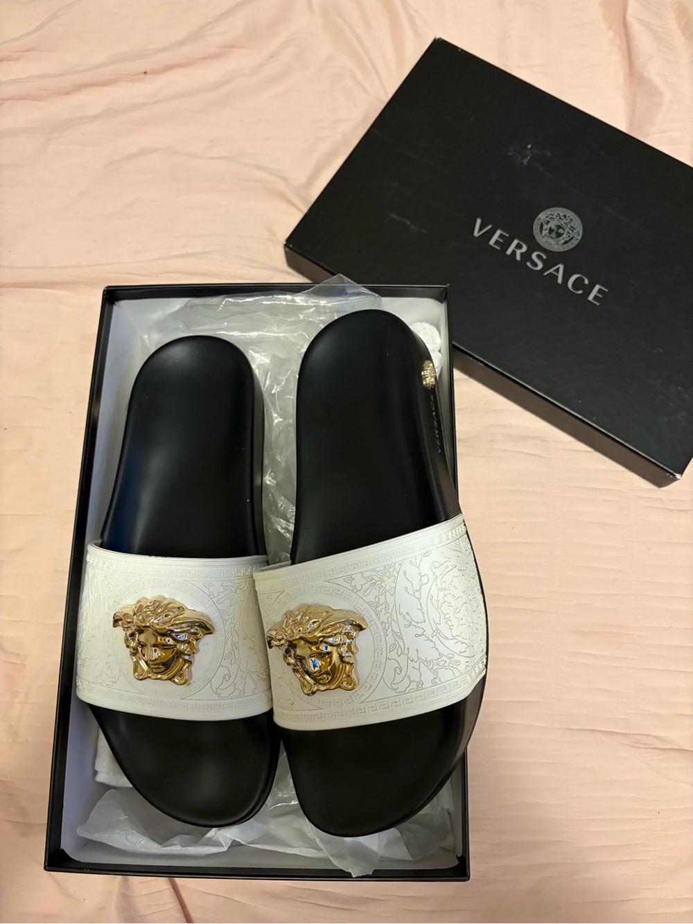 Versace White & Black Medusa Gold Emblem Slide Sandals